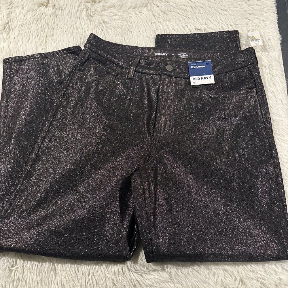 Old Navy 12 NWT OG Loose fit high rise black shimmer jeans stretch